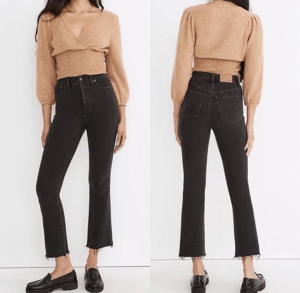 Madewell Cali Demi Boot Black Denim Bootcut Ankle Jeans Bayland Wash Raw Hem 37T
